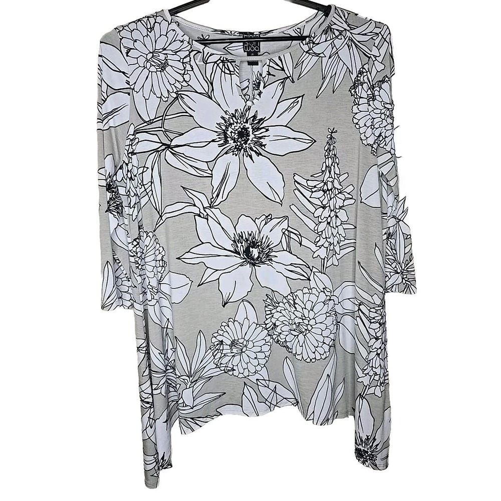 Clara Sun Woo Women's Gray Floral Tunic Top Shirt Plus Size 1X t13